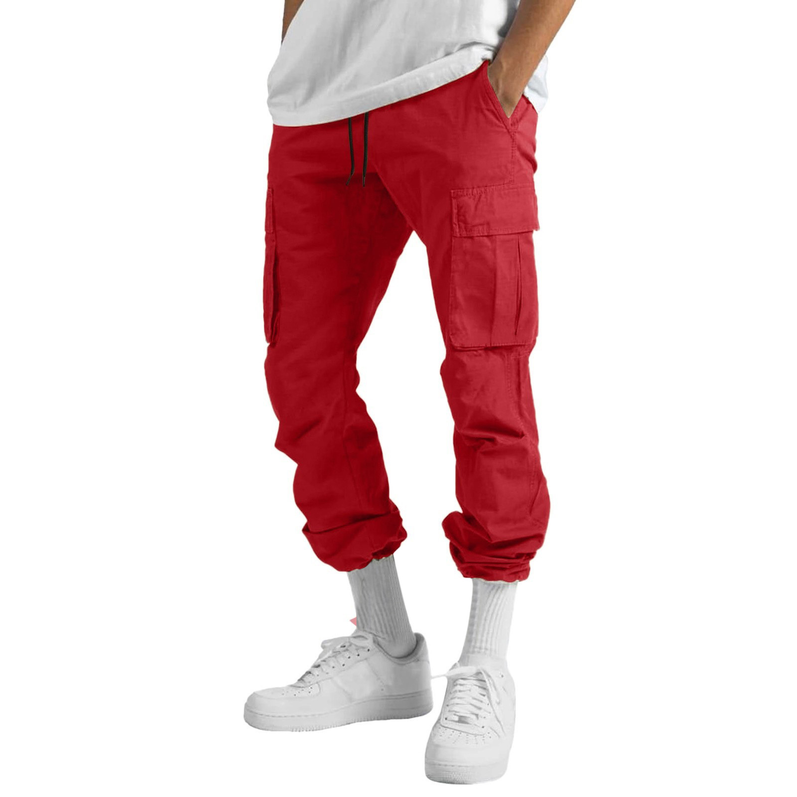 thumbnail image 2 of Pantalones cargo de ocio urbano para hombre - Diseño de cinta de patchwork - Tejido, cuatro bolsillos - Cintura elástica, ajuste estándar - Ocasiones informales/playa/deporte, 2 of 6